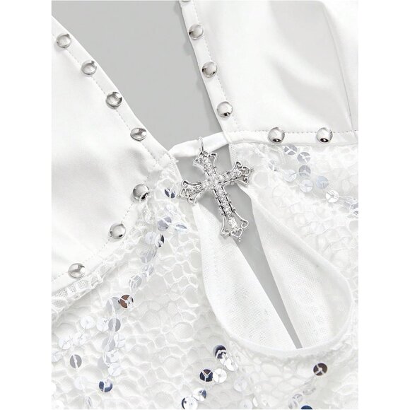 Women's Solid White Gothic Grunge PU Leather Sparkly Halter V Neck Vest Crop Top - Picture 3 of 4